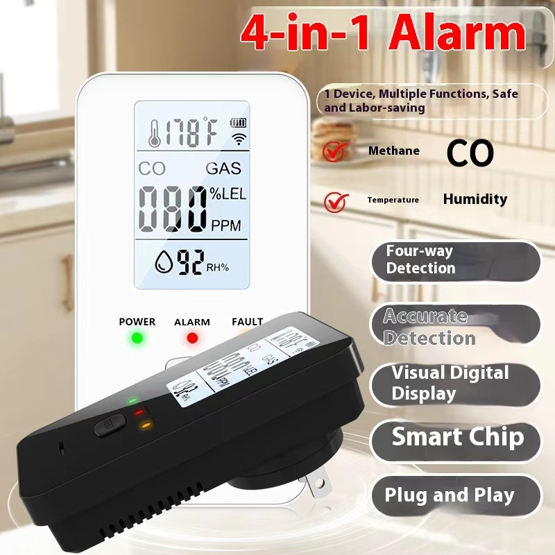 Co Detector Plug - 4-in-1-Gasdetektor, Kohlenmonoxid-Alarm, Methan-Sensor, Temperatur- und Feuchtigkeitsmonitor,