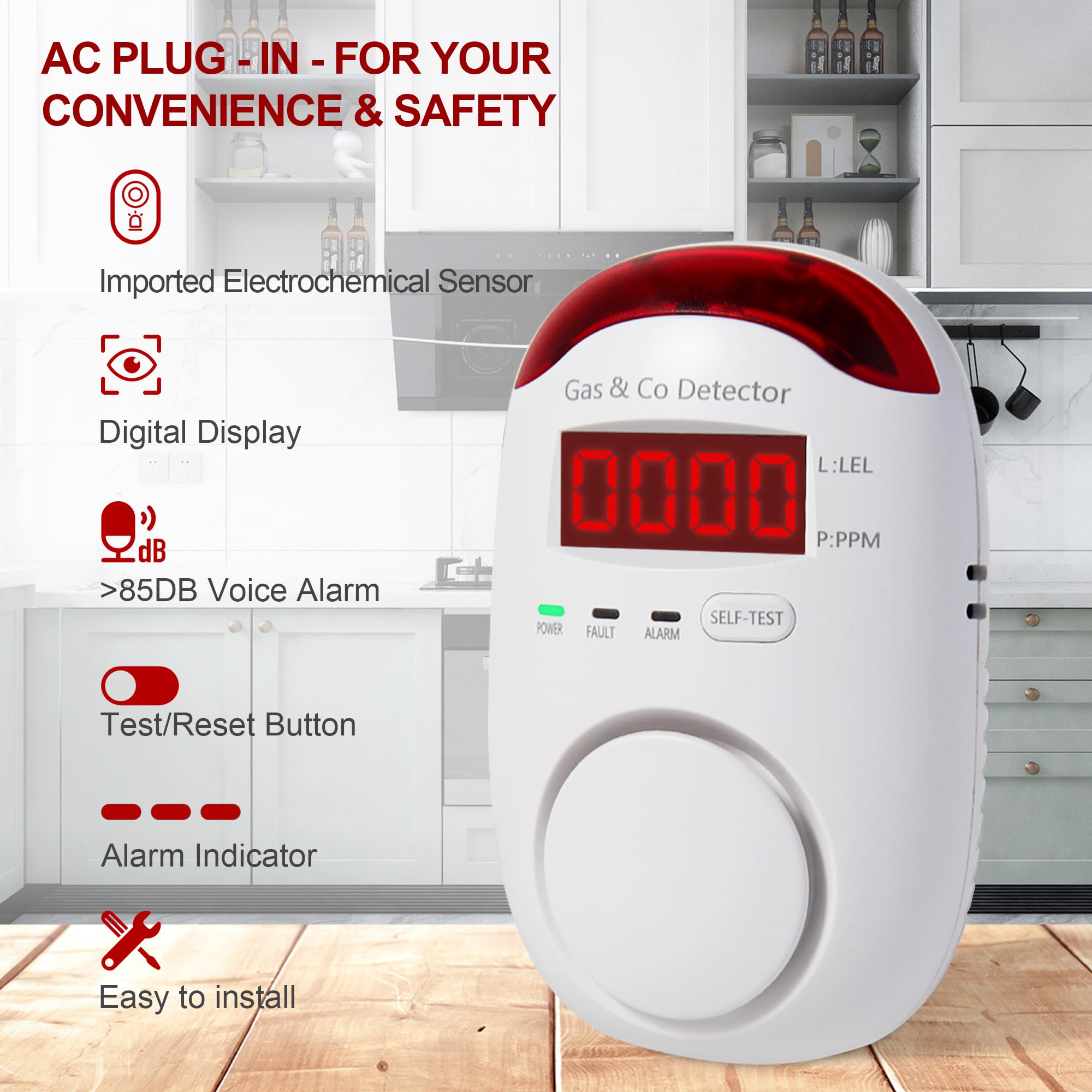Co Detector Plug - Kombinierte Gas- und Kohlenmonoxidmelder zum Einstecken,